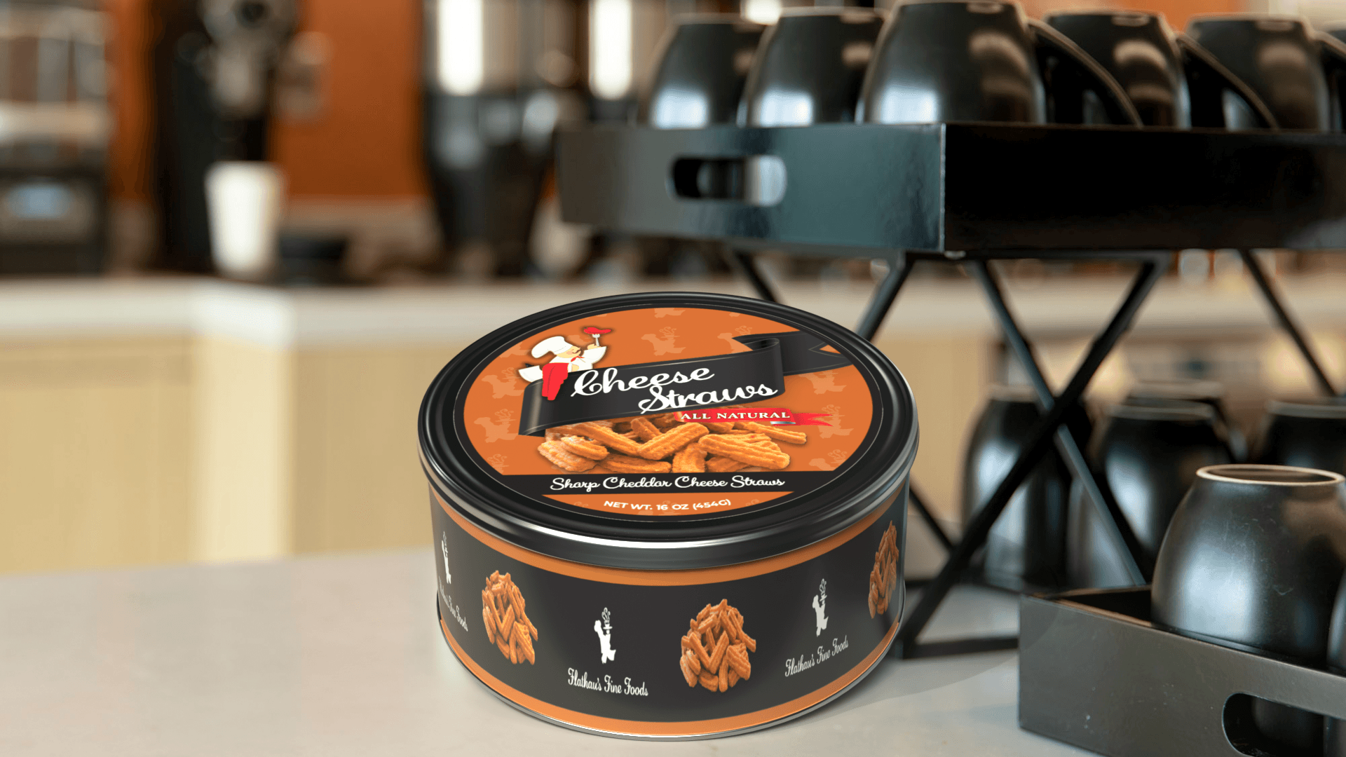 Container of chocolate chip cookie dough on a store counter, with a display of black mugs in the background.