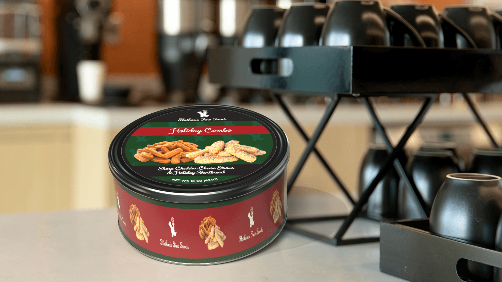 A round container of holiday cookies on a counter with a black dish rack nearby.