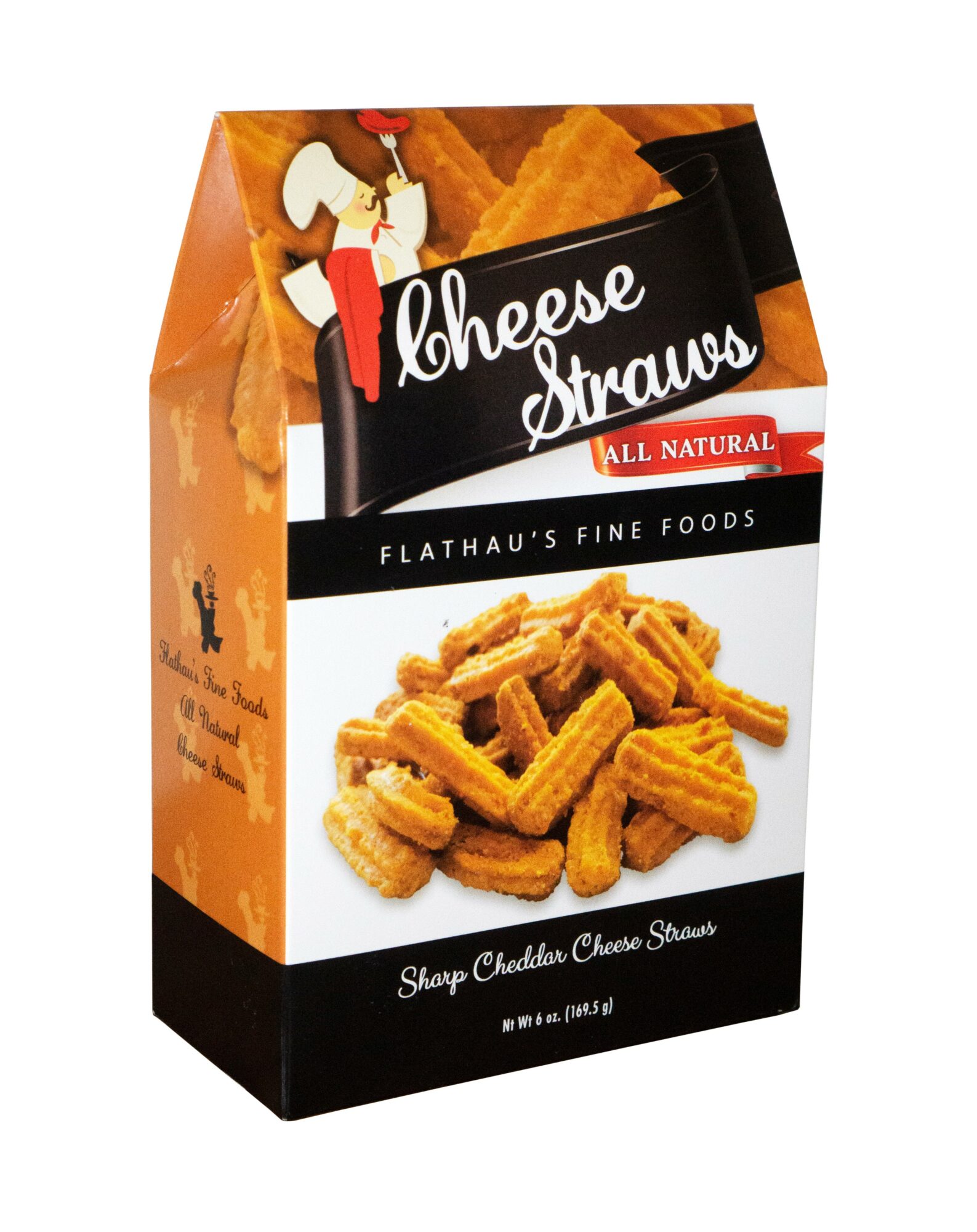 Orange and black packaging of cheese straws with an illustration of a woman, showing cheese straws on the front.