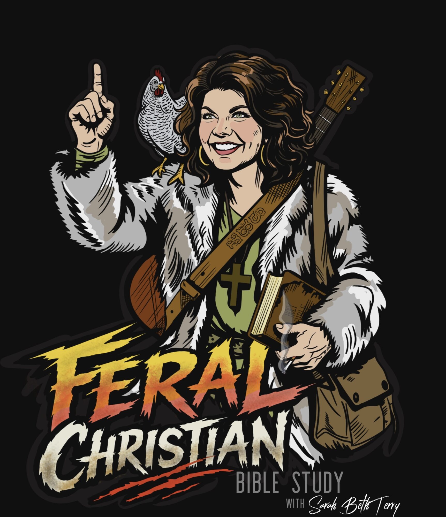 Illustration of a woman with curly hair holding a guitar, pointing upward, with a chicken on her shoulder, and a bag. Text reads 'Feral Christian Bible Study'.