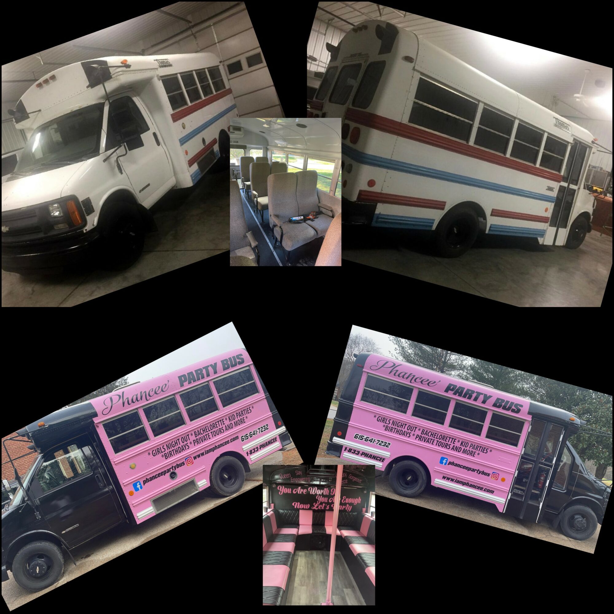 Two white buses with red and blue stripes, two pink party buses, and a bus interior with seats.