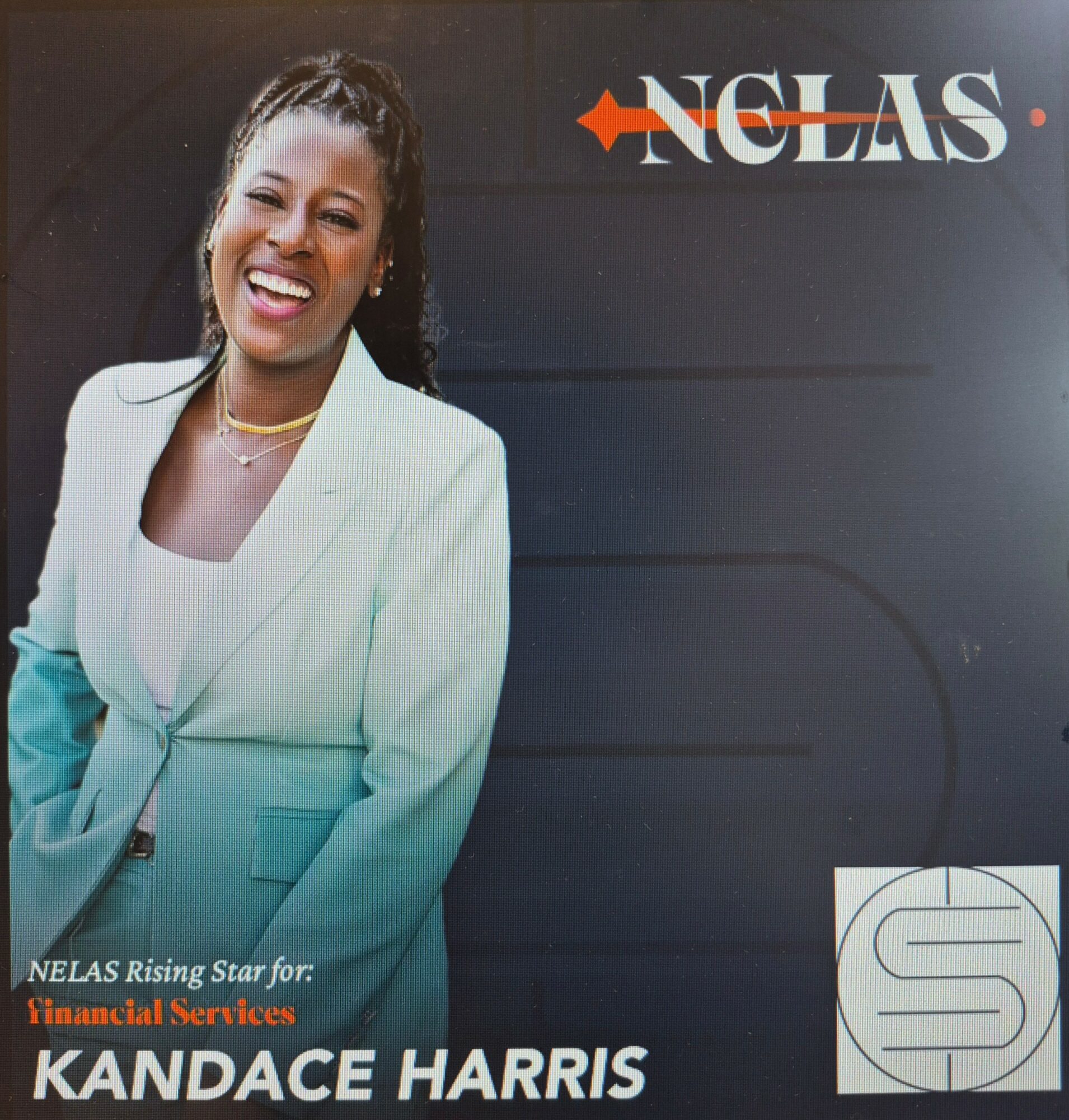 Smiling woman in white blazer standing in front of a dark background with logos and text.