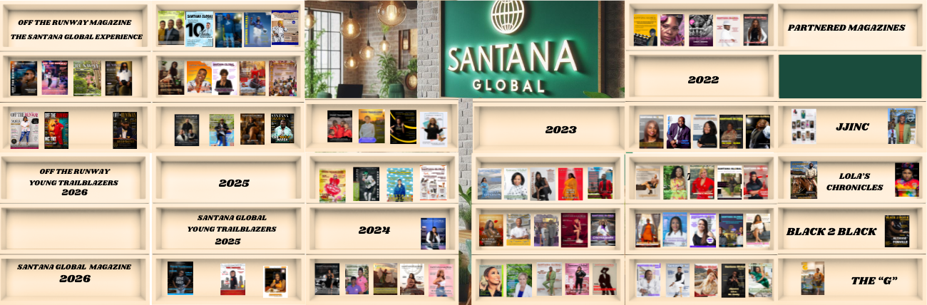 Display shelves with various magazines and publications, organized by year, with a green