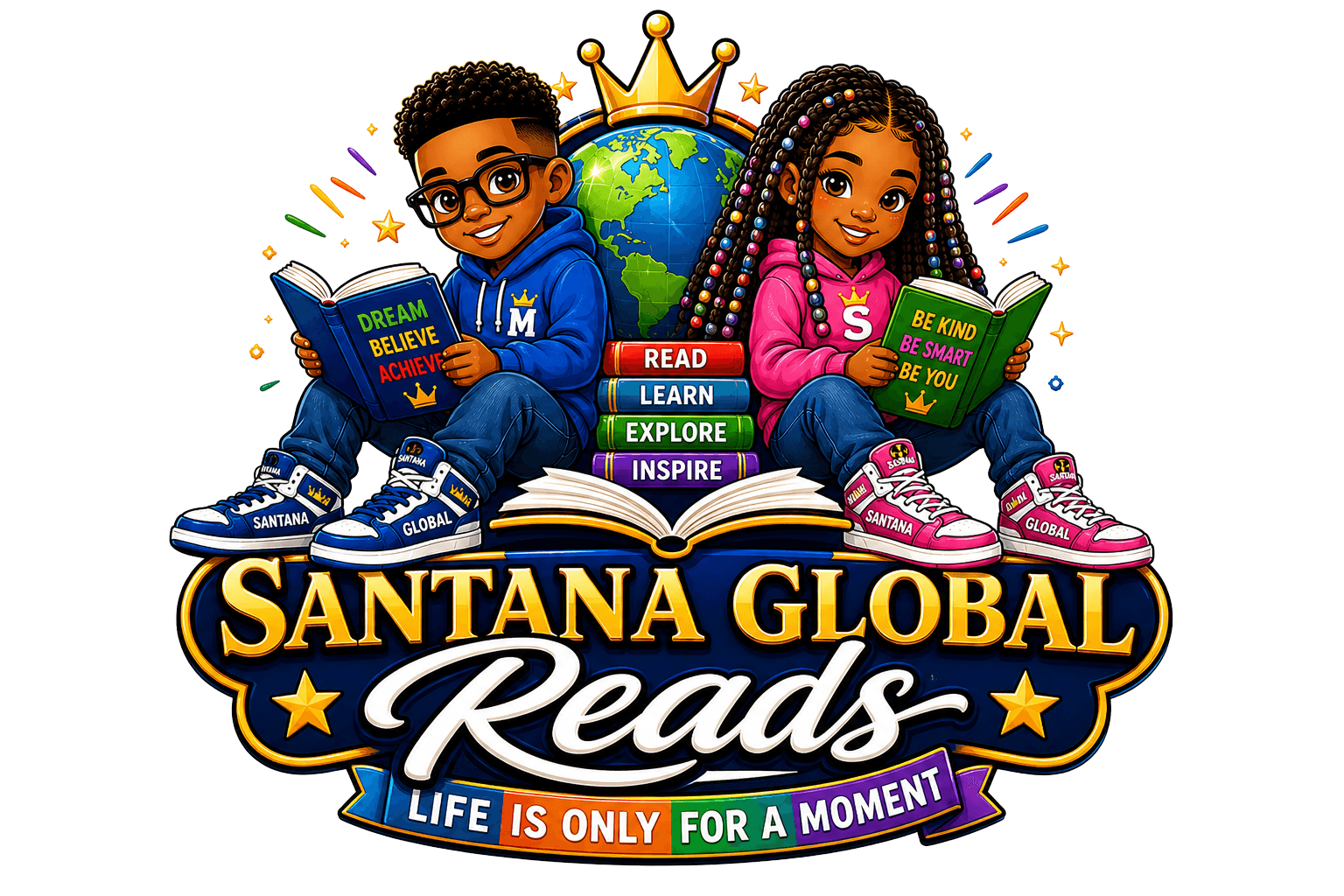 Two children sitting with books, a globe, and a crown, promoting reading and global learning, colorful design.