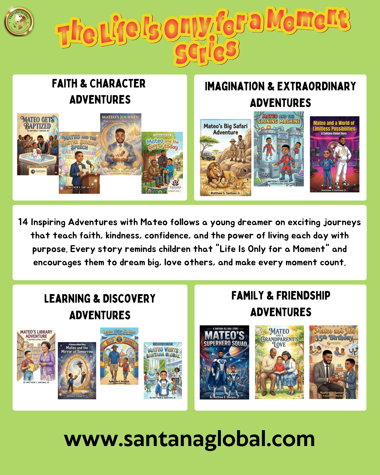 Book series cover with four sections: Faith & Character, Imagination & Extraordinaire, Learning & Discovery, Family & Friendship, with colorful illustrations and text.