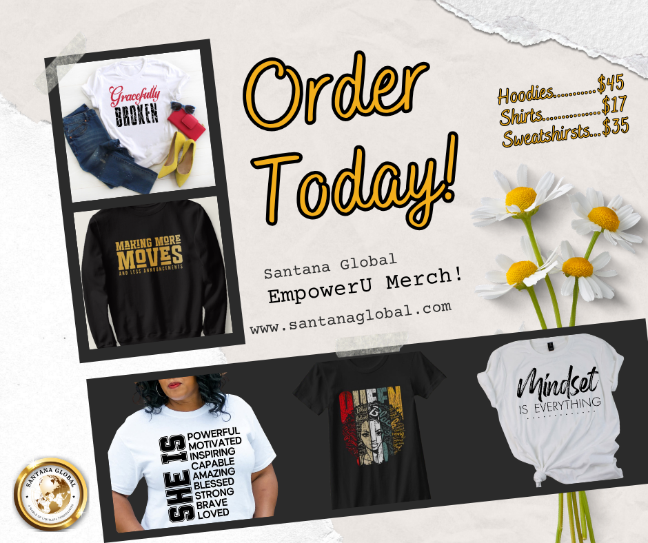 Advertisement for merchandise with images of clothing and flowers, text about ordering, and website URL.