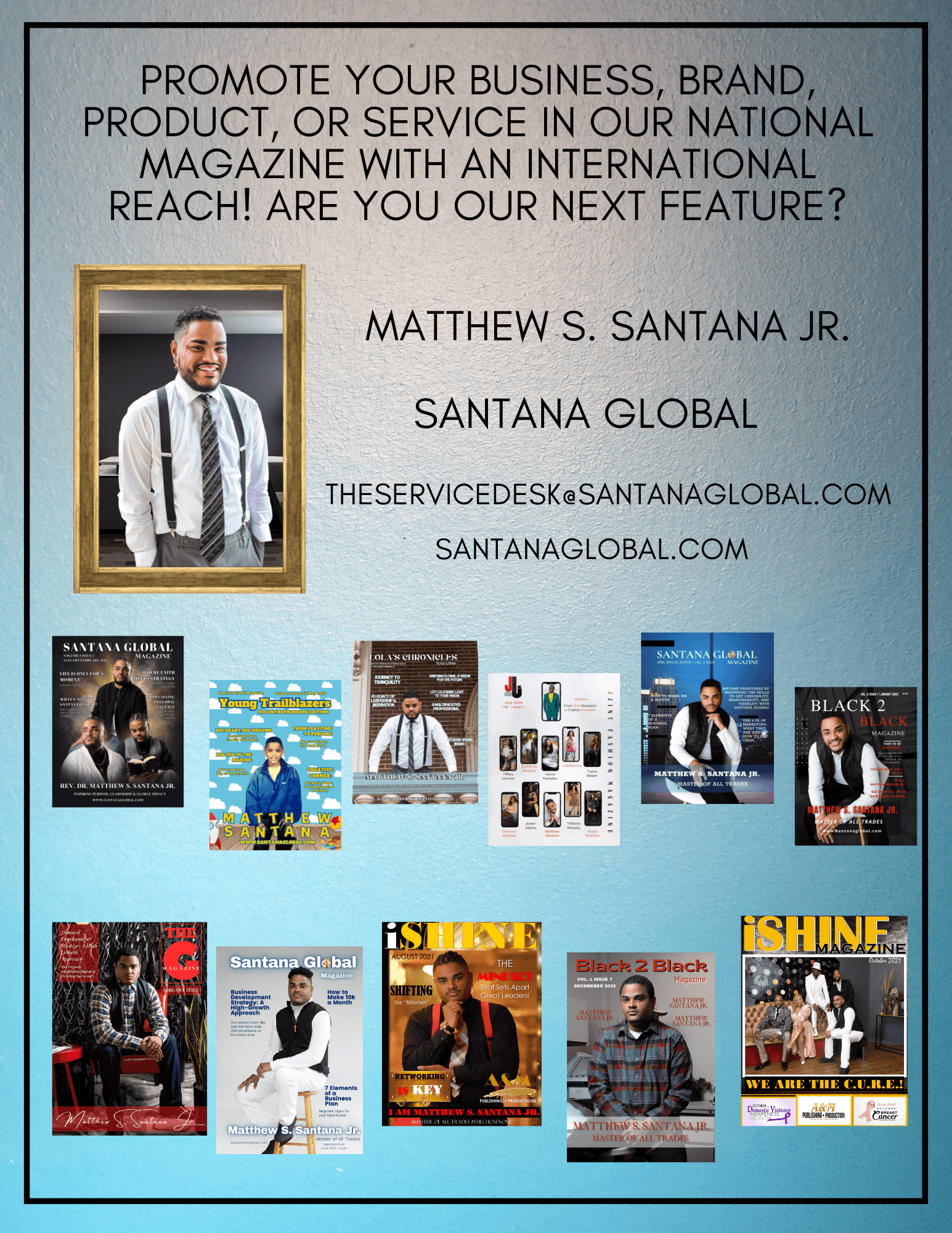 Promotional flyer with a man in a suit, text about business promotion, and various book covers at the bottom.