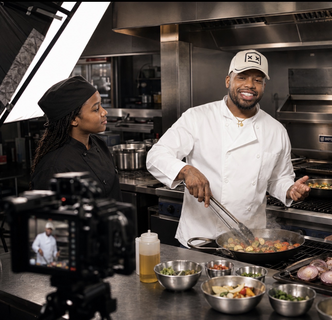 Chef in white uniform cooking in a professional kitchen, smiling, with bowls and ingredients on counter, camera recording.
