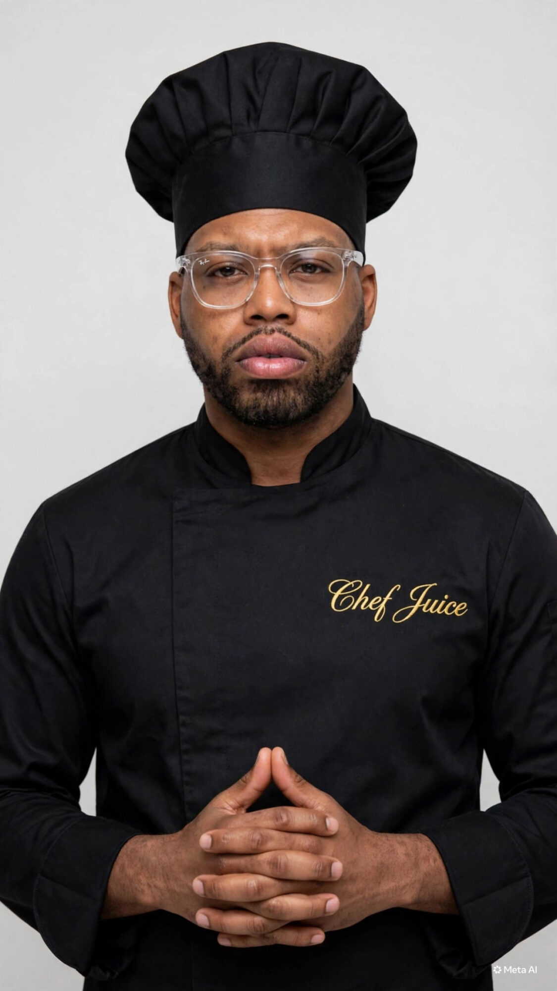 Person in chef's uniform with a black hat and glasses, hands clasped, looking serious, against a plain background.