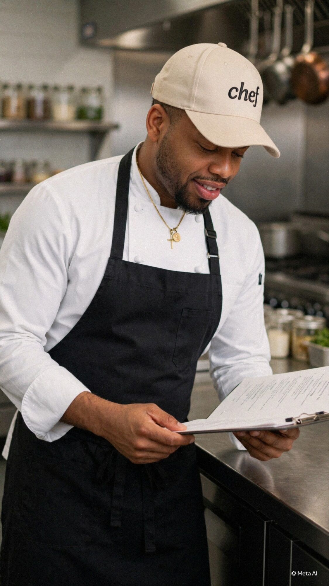 Chef in a kitchen reads a menu or recipe, wearing a white cap and apron, with kitchen equipment in background.