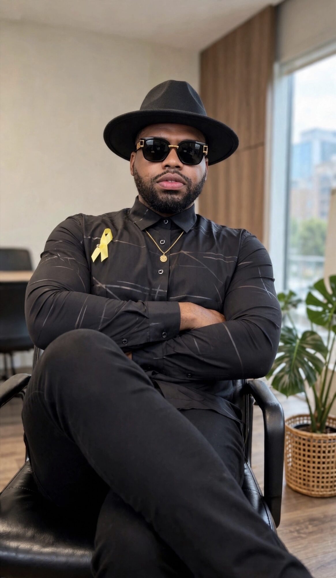 Man with sunglasses and hat sitting with arms crossed indoors, window and plant in background.