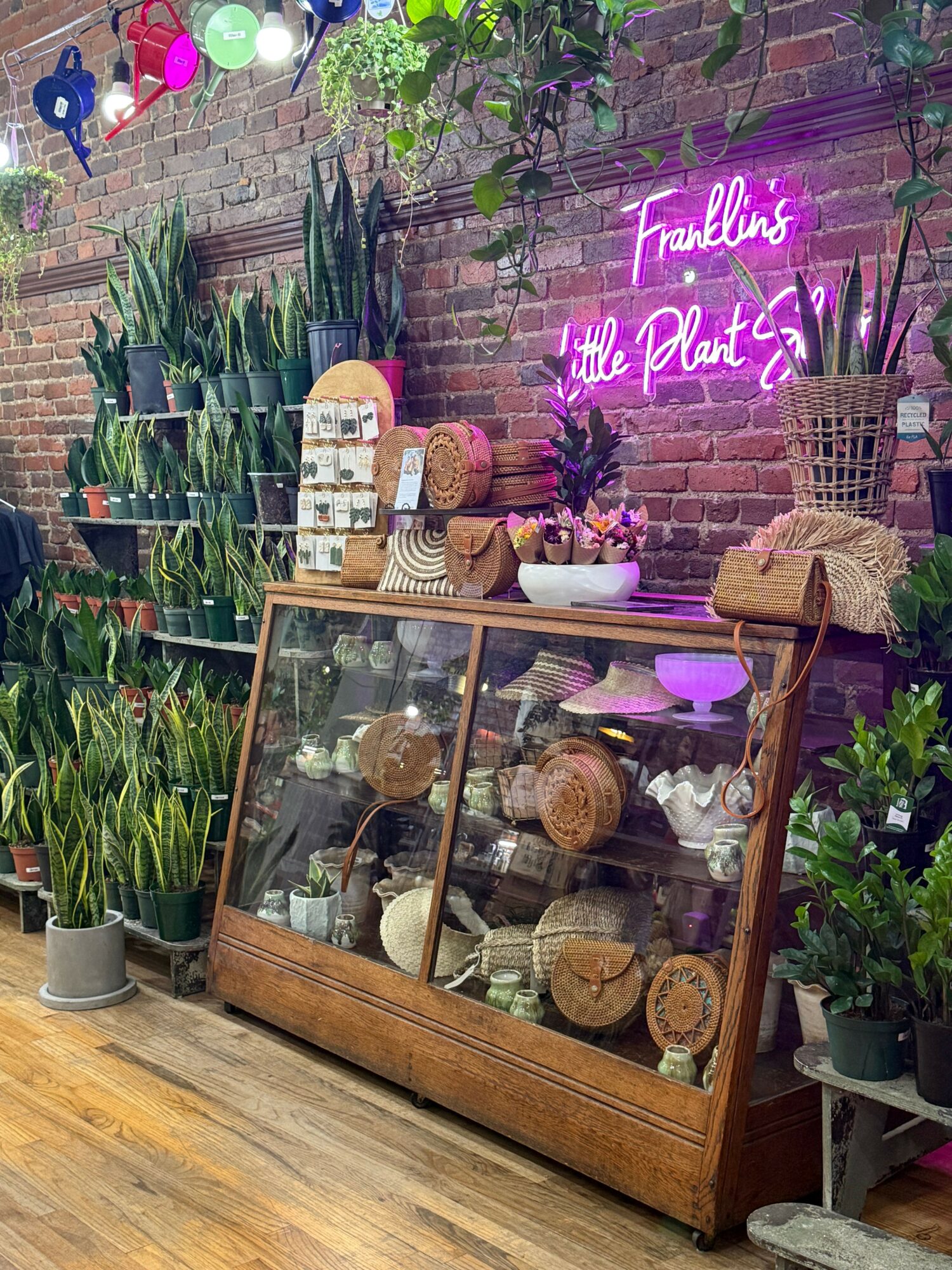 Display cabinet with glass doors containing decorative items, plants and a neon sign on brick wall background.