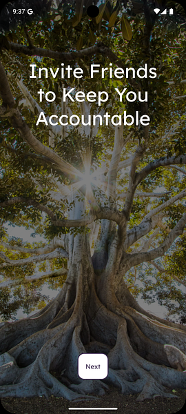 Tree with sunlight shining through branches, text inviting friends to keep you accountable, and a 'Next' button at the bottom.