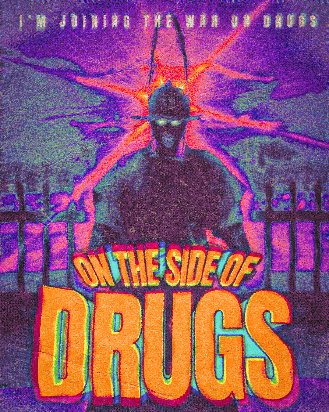 A dark figure with a glowing head stands behind a fence, with colorful text reading 'On the Side of Drugs' in front.