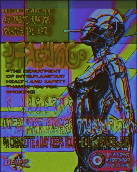 A distorted, colorful illustration of a person wearing glasses and a mask, with text in various languages and colors.