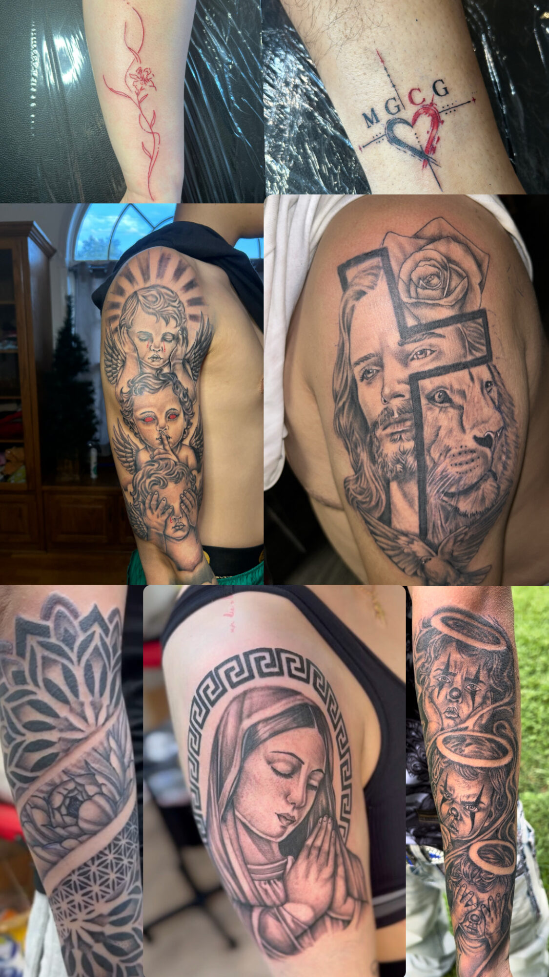 Collection of various tattoos on different body parts, including faces, geometric patterns, and symbols.