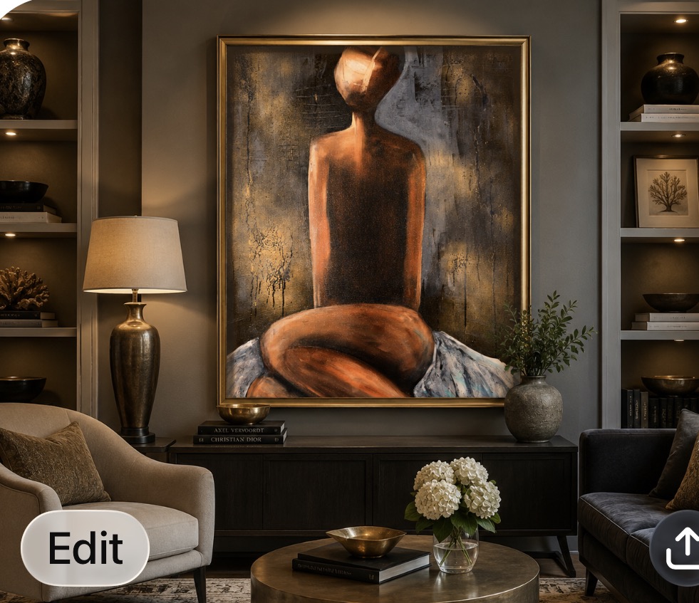 Painting of a seated figure with a large, abstract background, flanked by lamps and shelves with decorative items, in a living room.