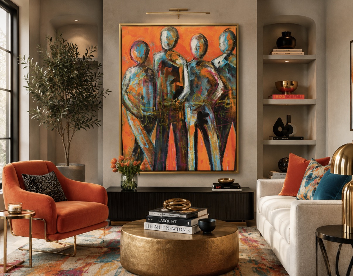 Living room with colorful abstract painting of four people, orange armchair, white sofa, and decorative shelves, cozy and modern decor.