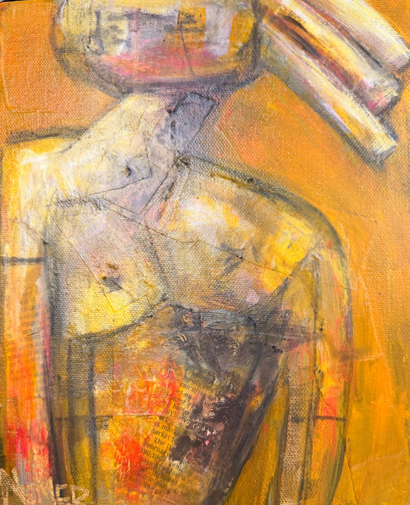 Abstract painting of a human torso with a bowl above, using warm colors and loose brushstrokes.