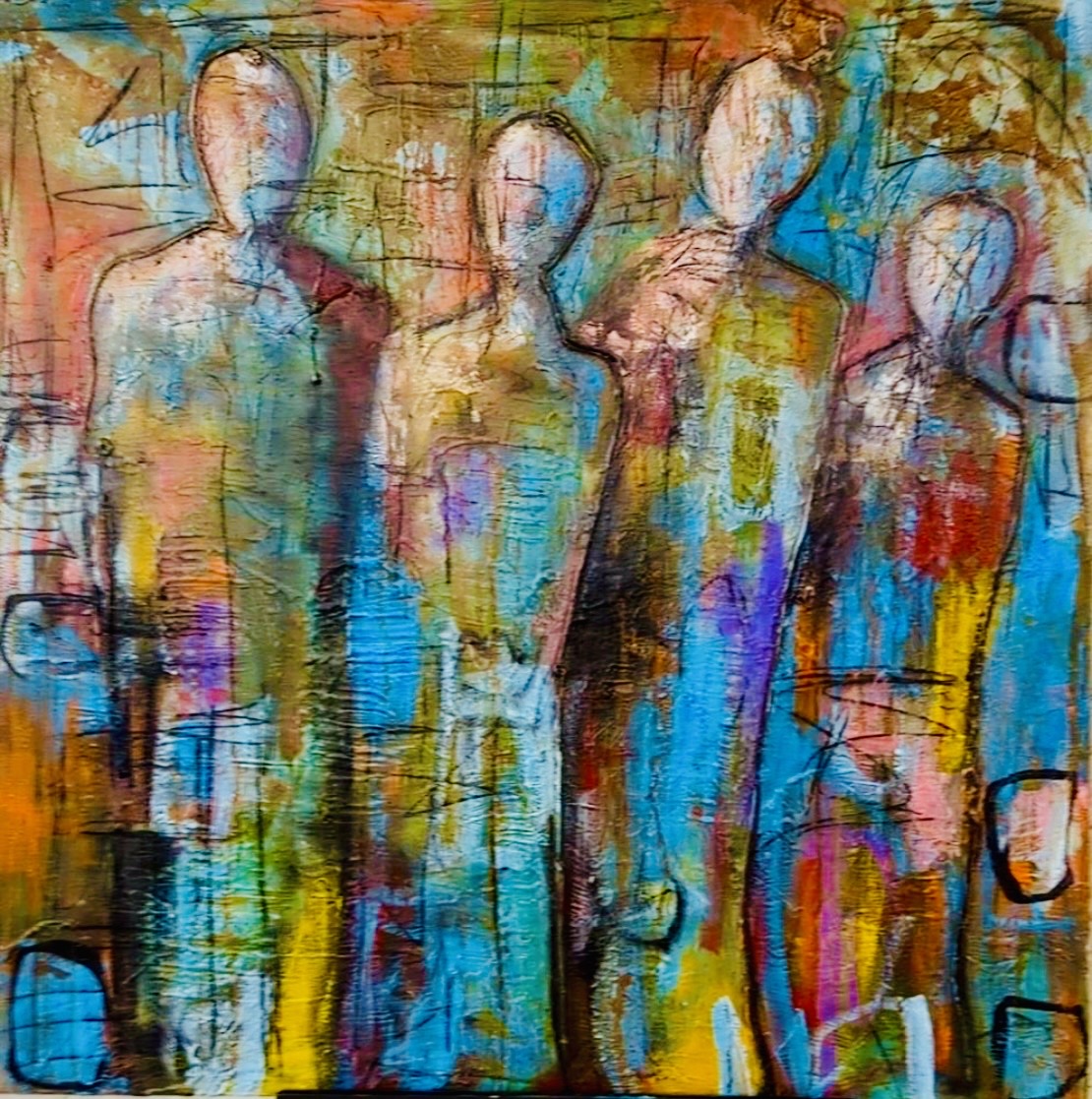 Four abstract human figures with elongated heads and colorful clothing stand against a vibrant, textured background.