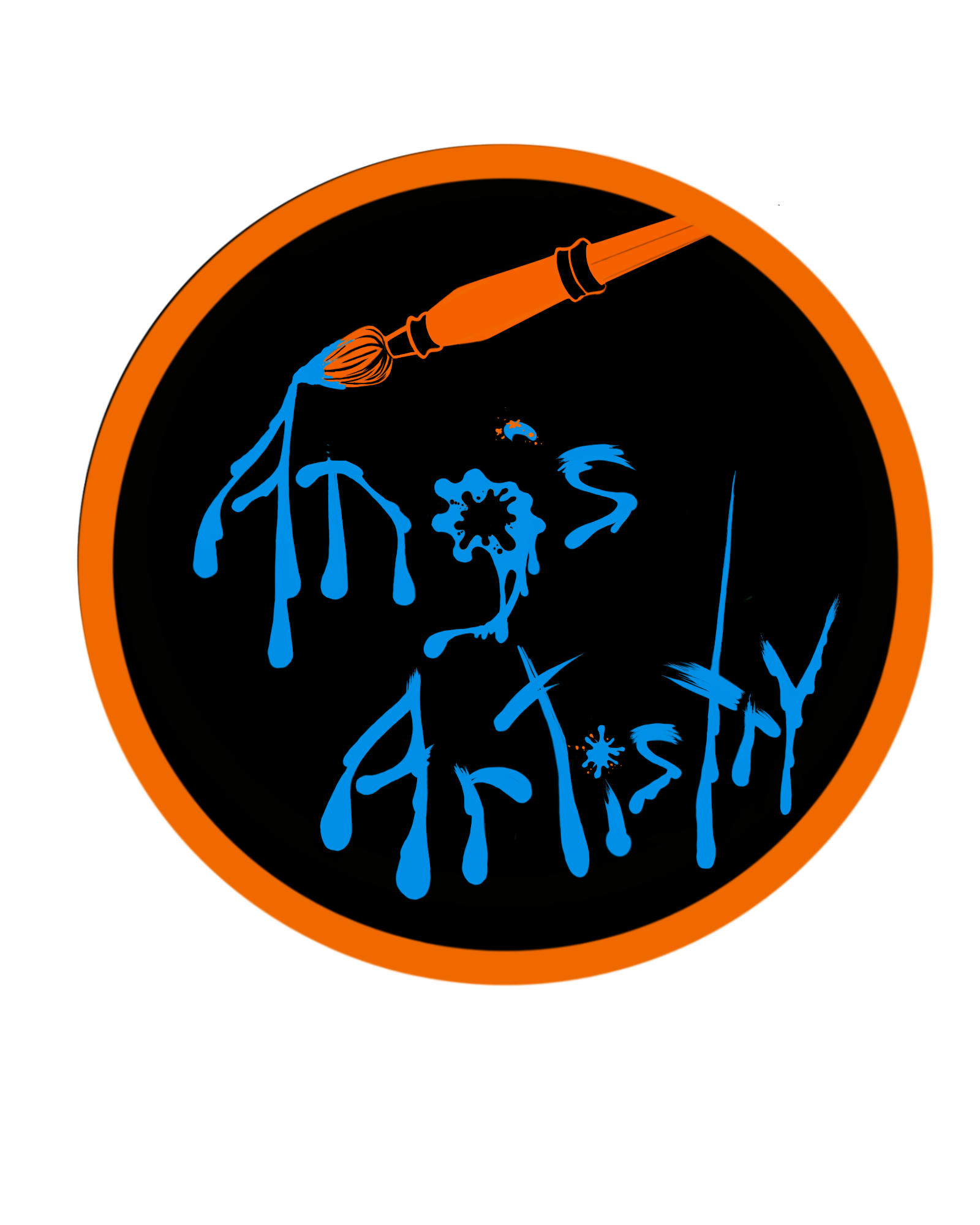 A paintbrush with blue paint dripping, a tree, and the word 'ART' inside an orange circle on a black background.