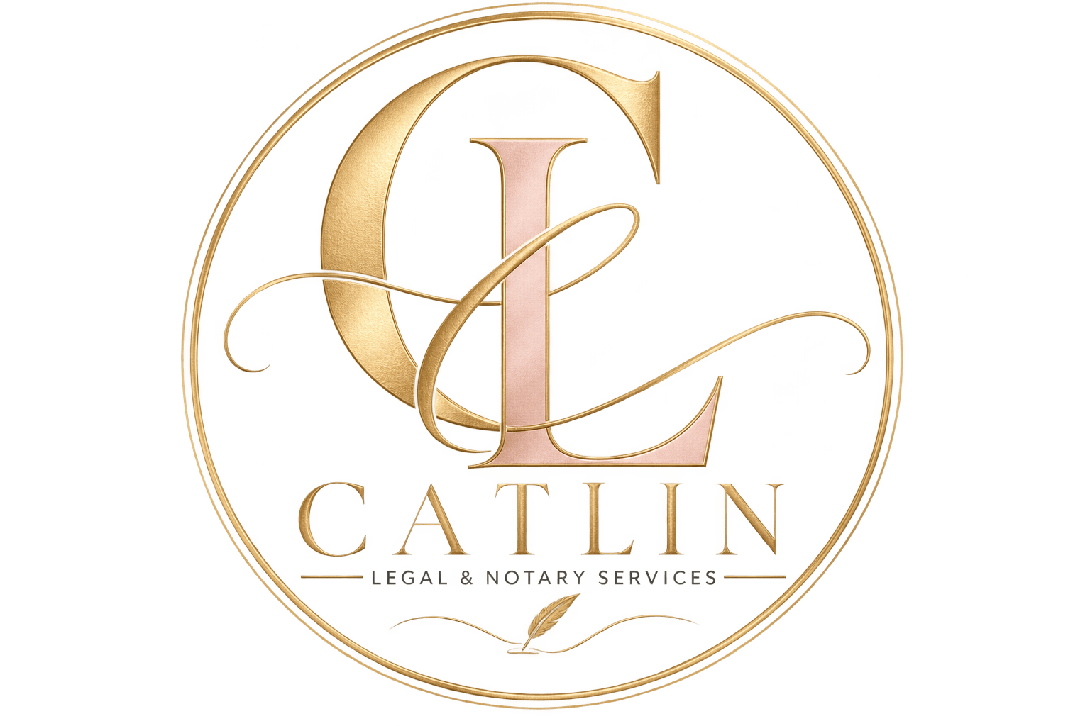 Logo with gold and black design featuring initials and the name Caitlin, legal and notary services.