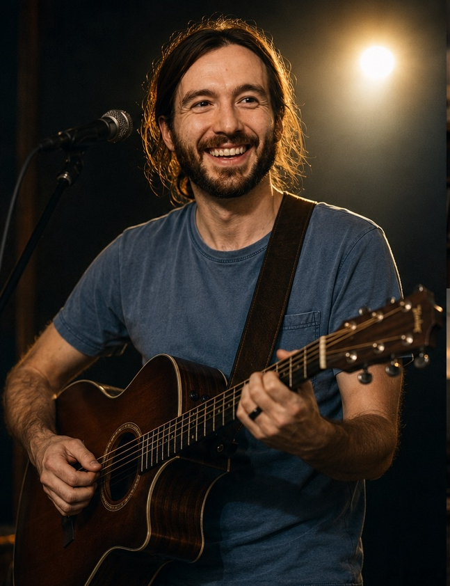 Man with long hair and beard smiling, playing an acoustic guitar on stage with a microphone nearby, bright stage light behind him.