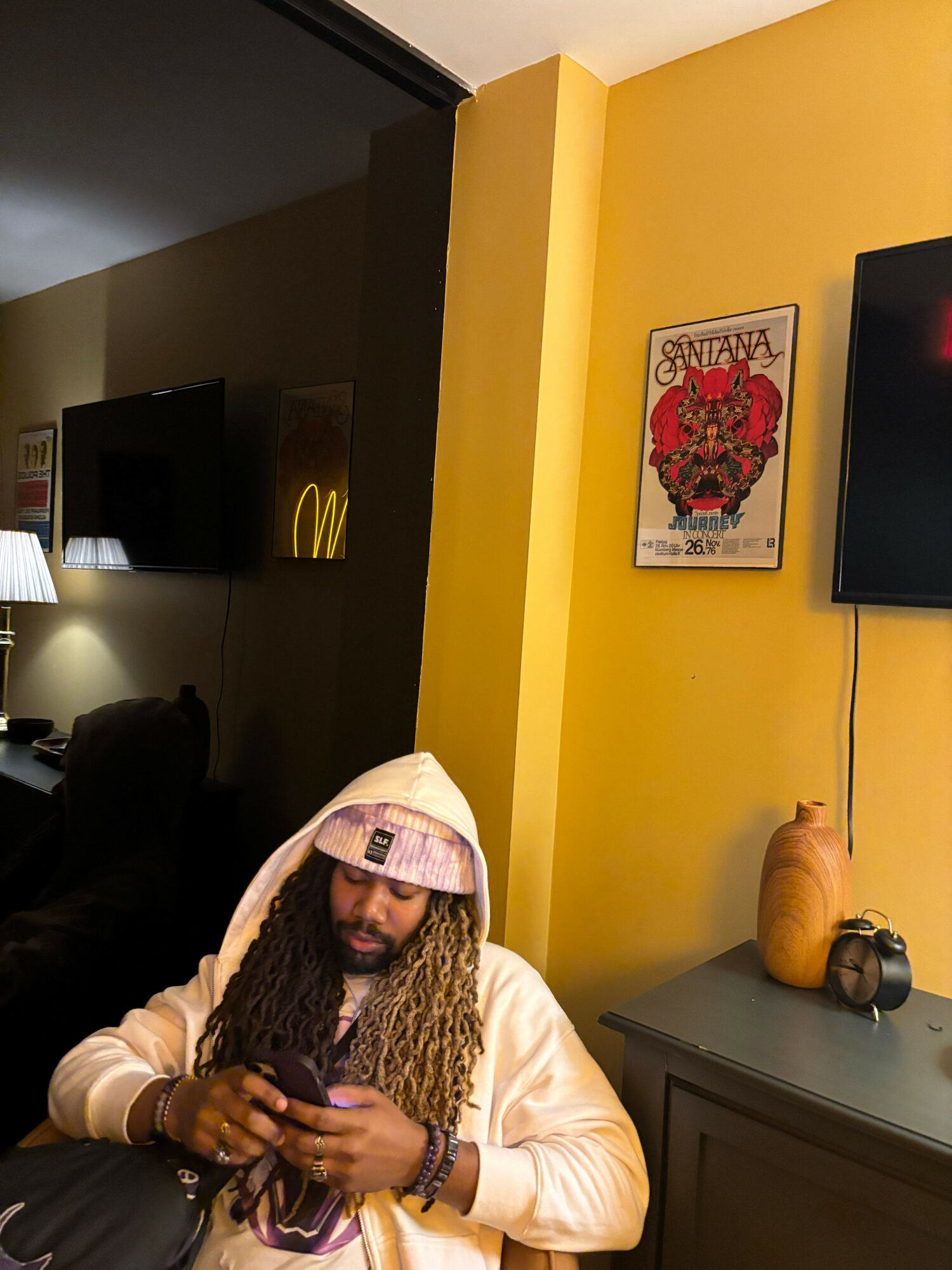 Person with long braided hair taking a selfie in a room with yellow and black walls, a TV, and a framed artwork.