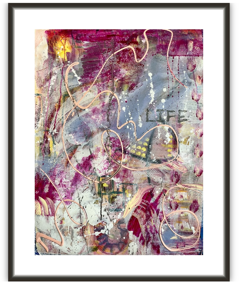 Abstract colorful painting with the word 'LIFE' visible, featuring pink, purple, blue, and white splashes and lines.