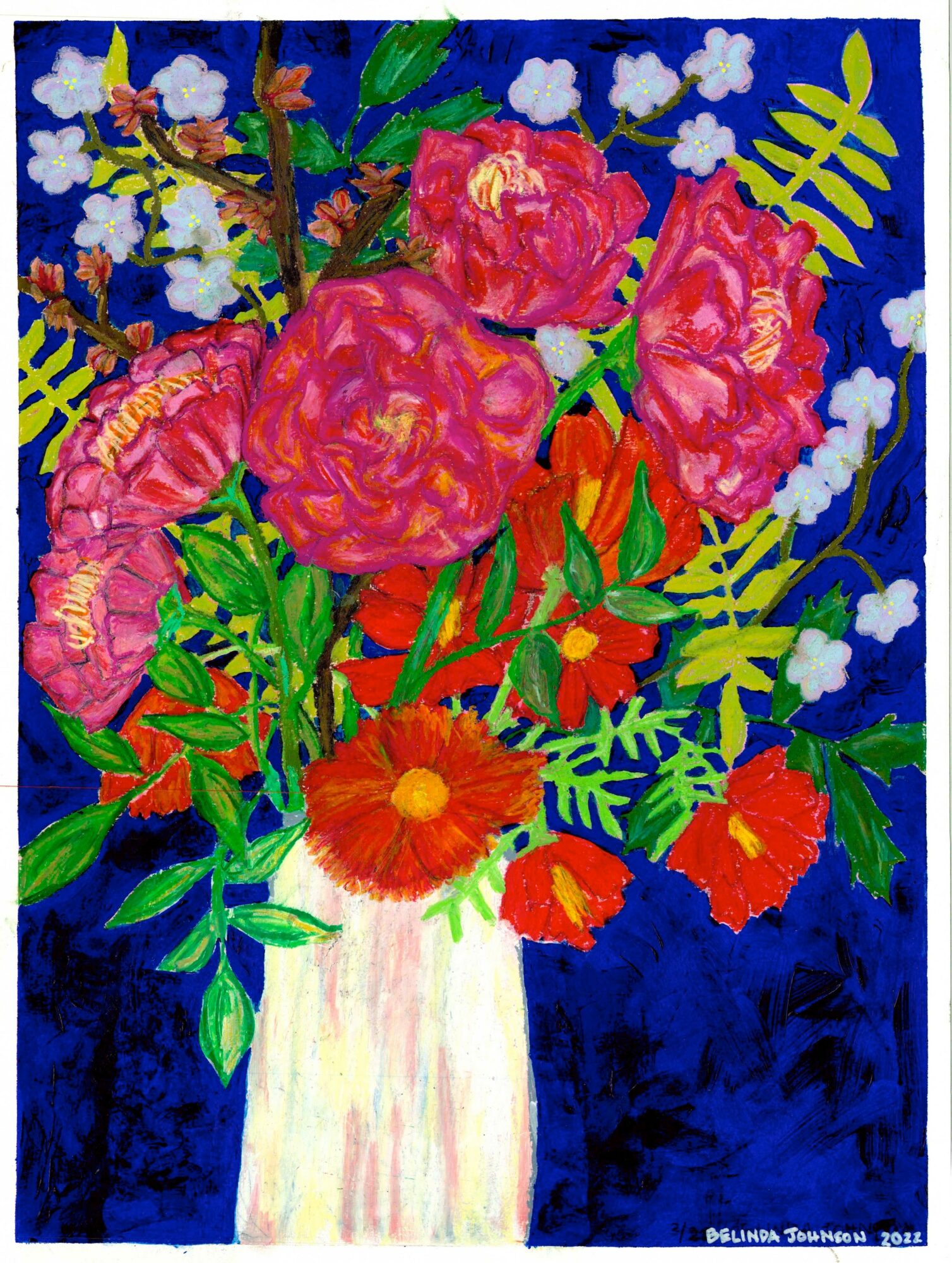 Bright floral painting with pink, orange, and red flowers in a white vase against a dark blue background.