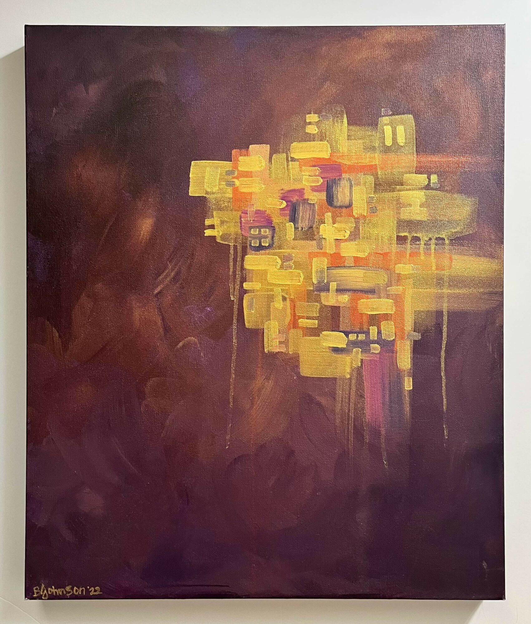 Abstract painting with yellow, orange, and purple rectangular shapes on a dark background.