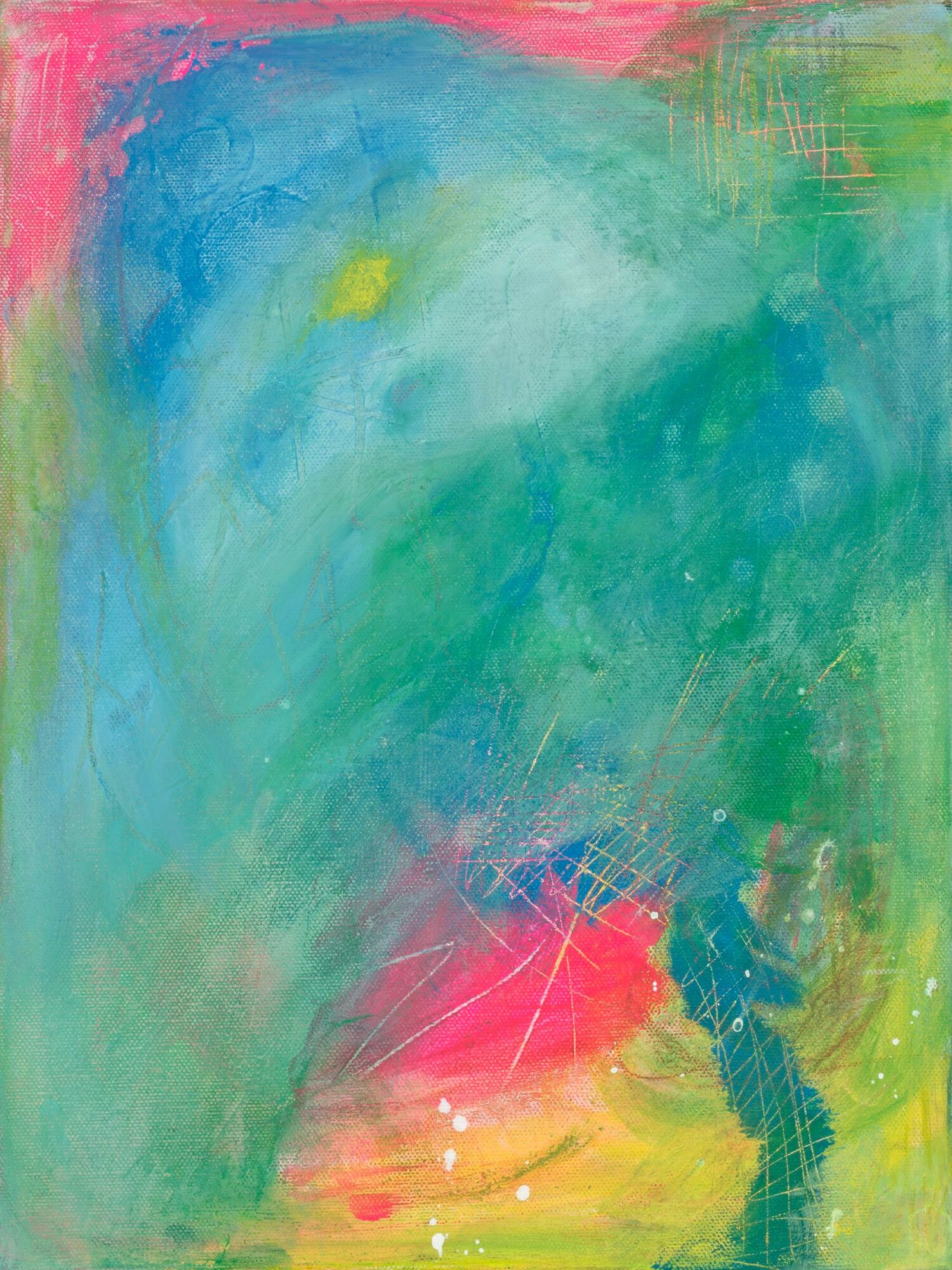 Abstract painting with blue, green, pink, and yellow colors blending together, with some textured and crossed lines.