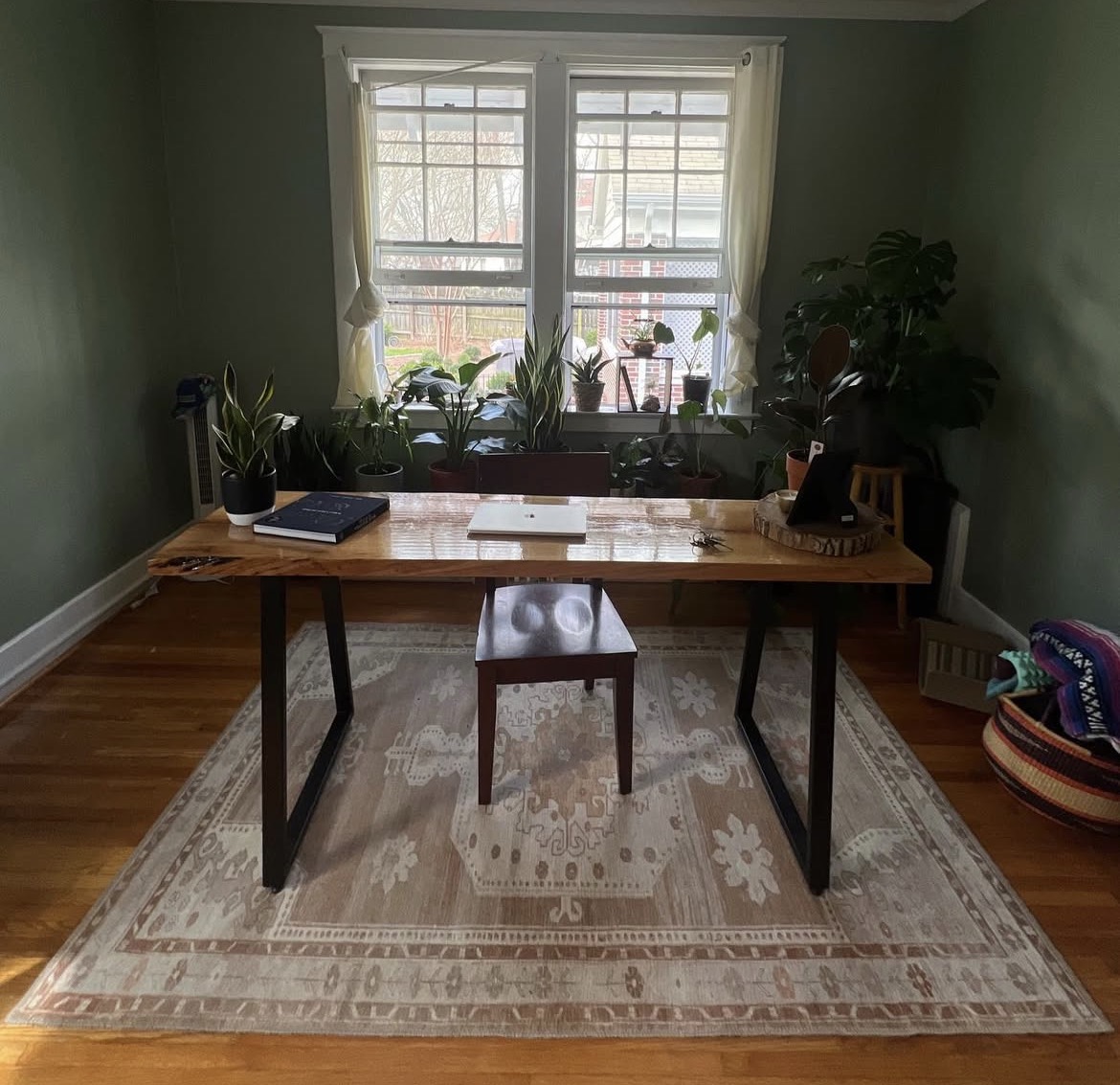 Wooden desk with a stool in front, plants on windowsill, window with curtains, green walls, and a patterned rug.