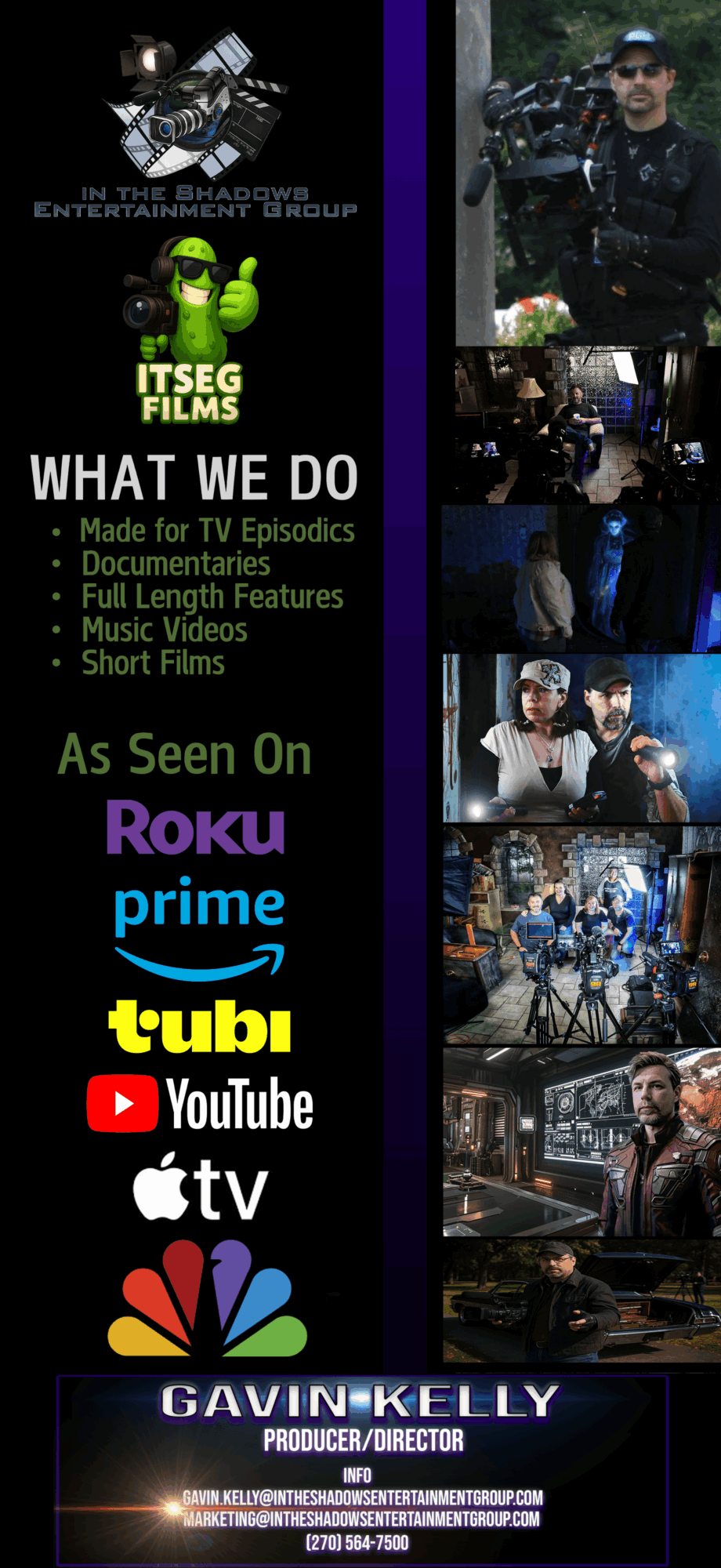 Vertical poster with text about filmmaking, streaming platforms, and a person in a black jacket holding a weapon, with smaller images of people and scenes.