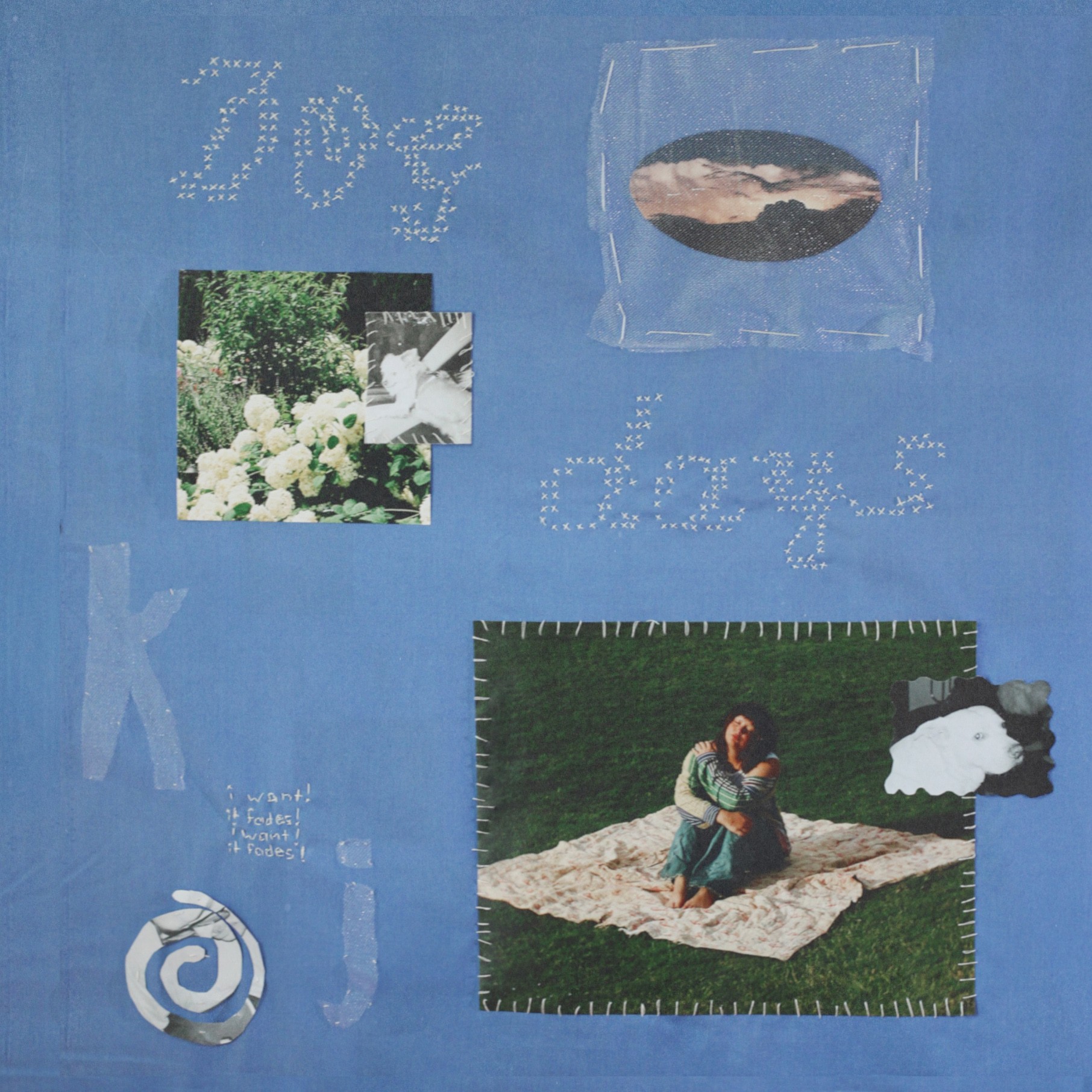 Blue background with photos of flowers, a person sitting on a rug by water, and a rock. Handwritten words are present.