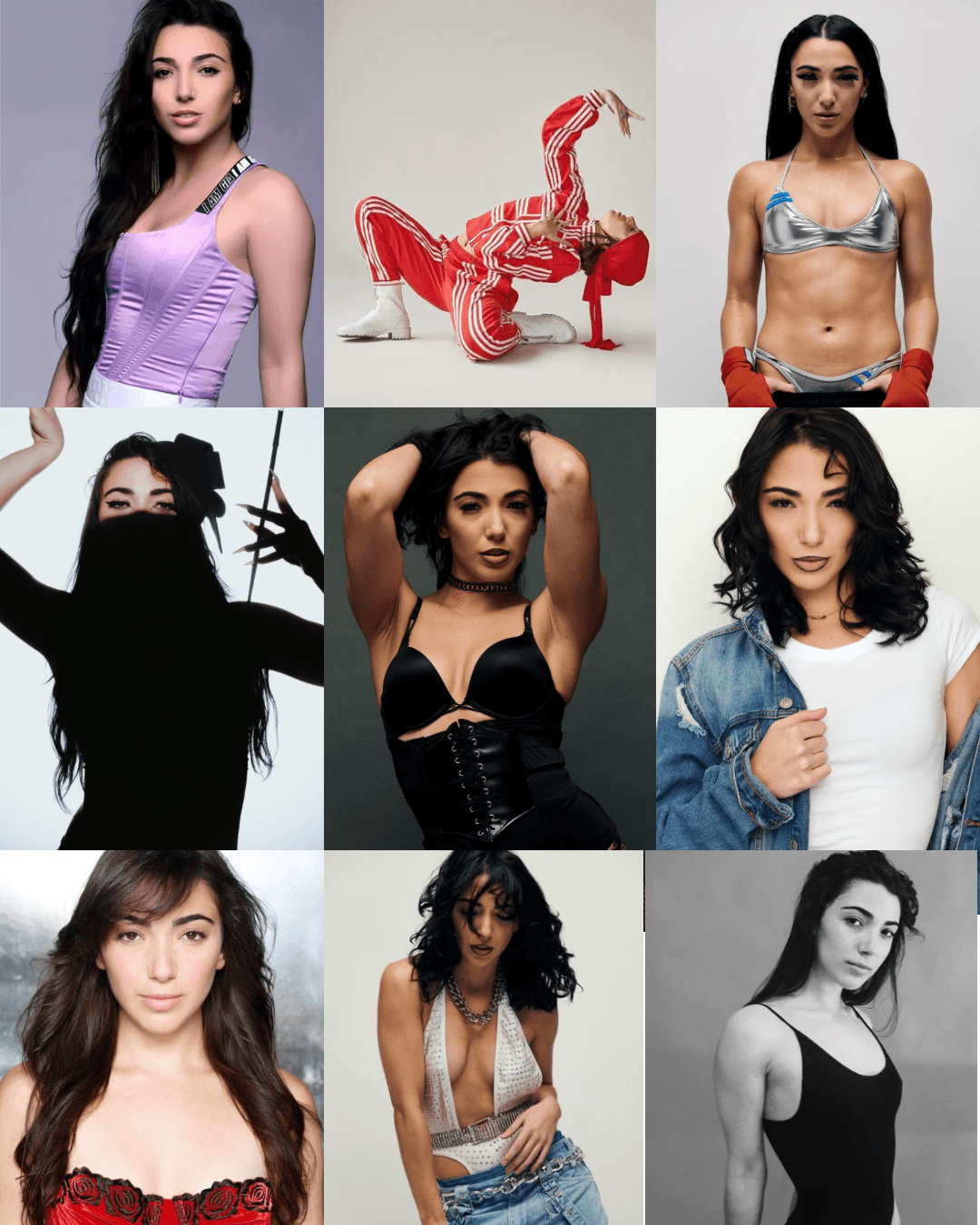 Collage of nine women in various outfits, some posing, some in casual or artistic settings.