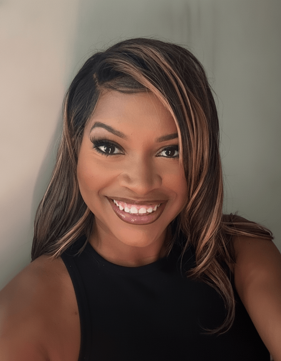 Smiling woman with shoulder-length hair and makeup, wearing a black top, facing camera.