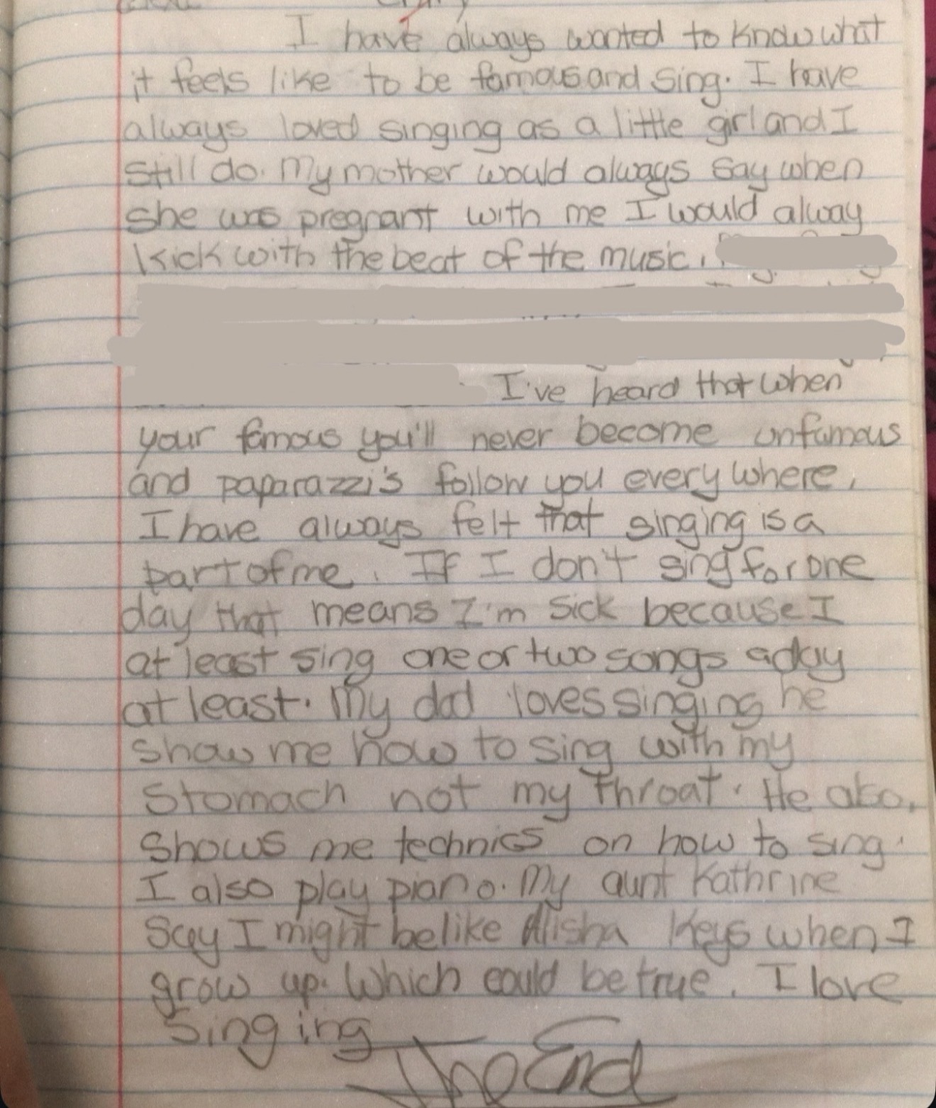 Handwritten note about singing, performing, and singing techniques, with some words crossed out and corrections made.