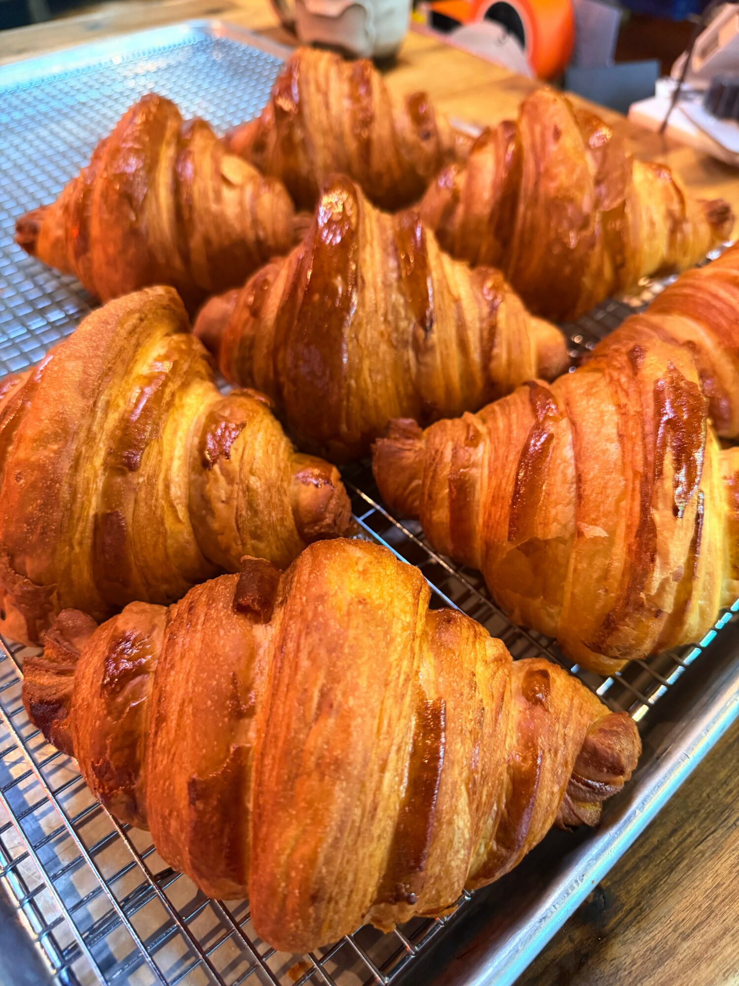 Several golden-brown croissants on a wire rack, freshly baked and crispy, with a shiny glaze.