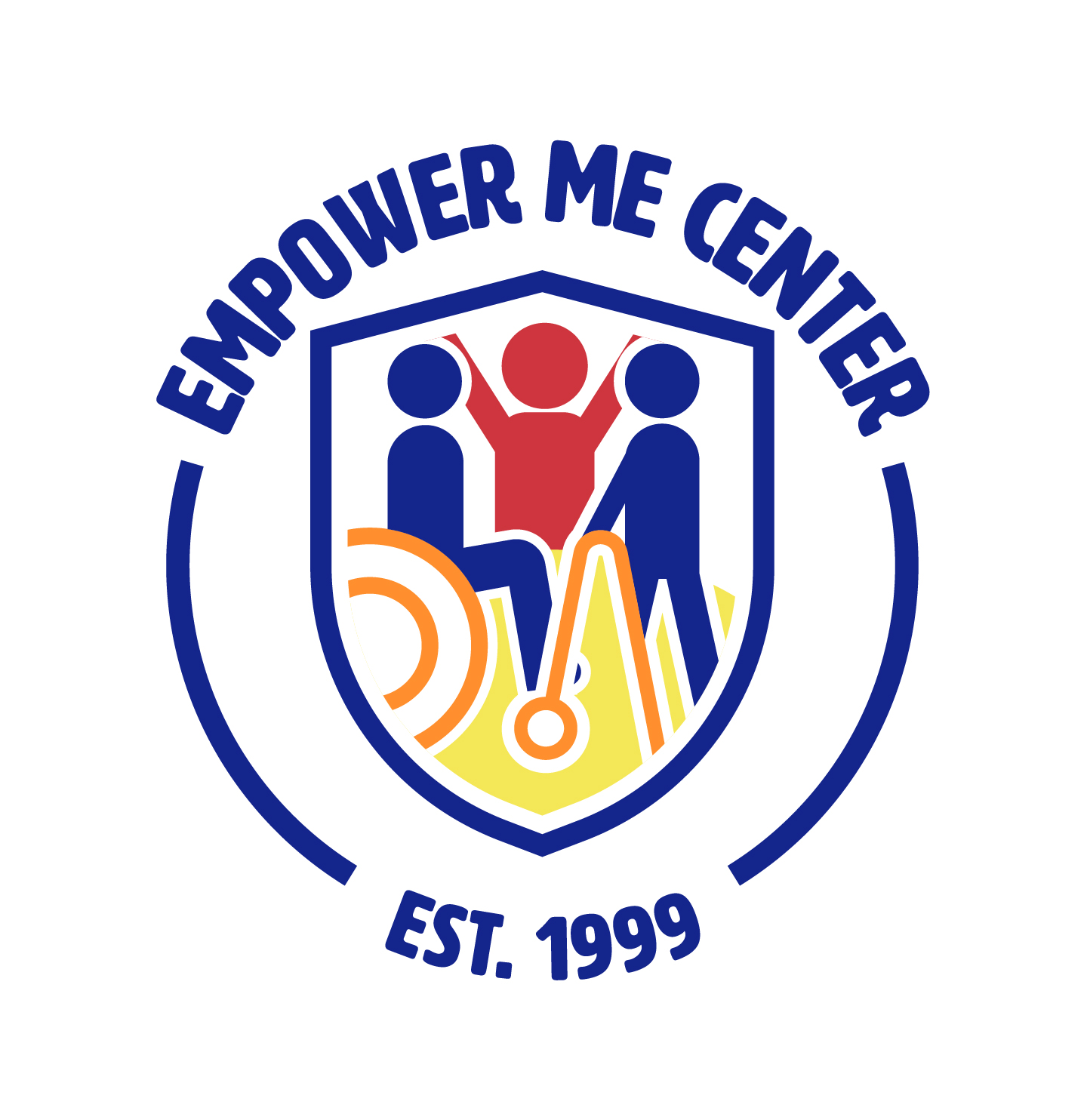 Logo with text 'Empower Me Center' and 'Est. 1999', featuring three stylized figures inside a shield, one with a red head and arms raised.