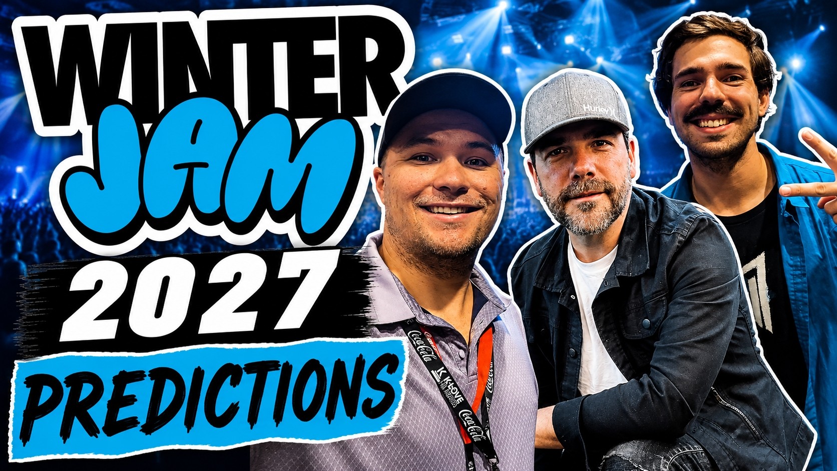 Three men smiling at a winter event with a blue background and text reading 'Winter Jam 2027 Predictions'.