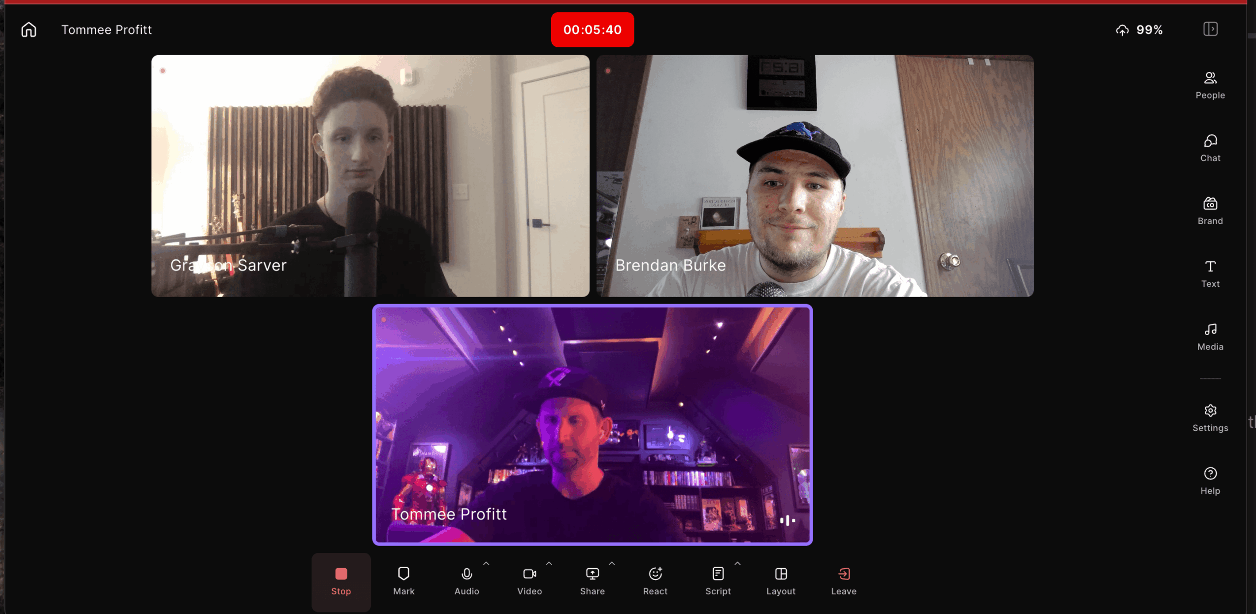 Three people participating in a video call, two in separate windows and one in a larger window with purple lighting.