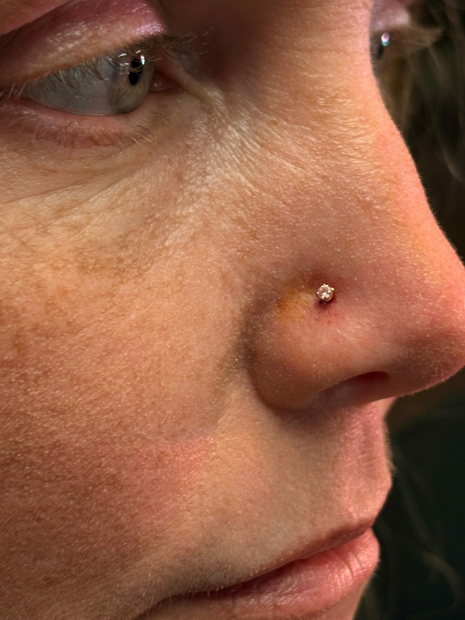 Close-up of a person's face showing a nose piercing with a small gemstone, and part of the lips and eye.