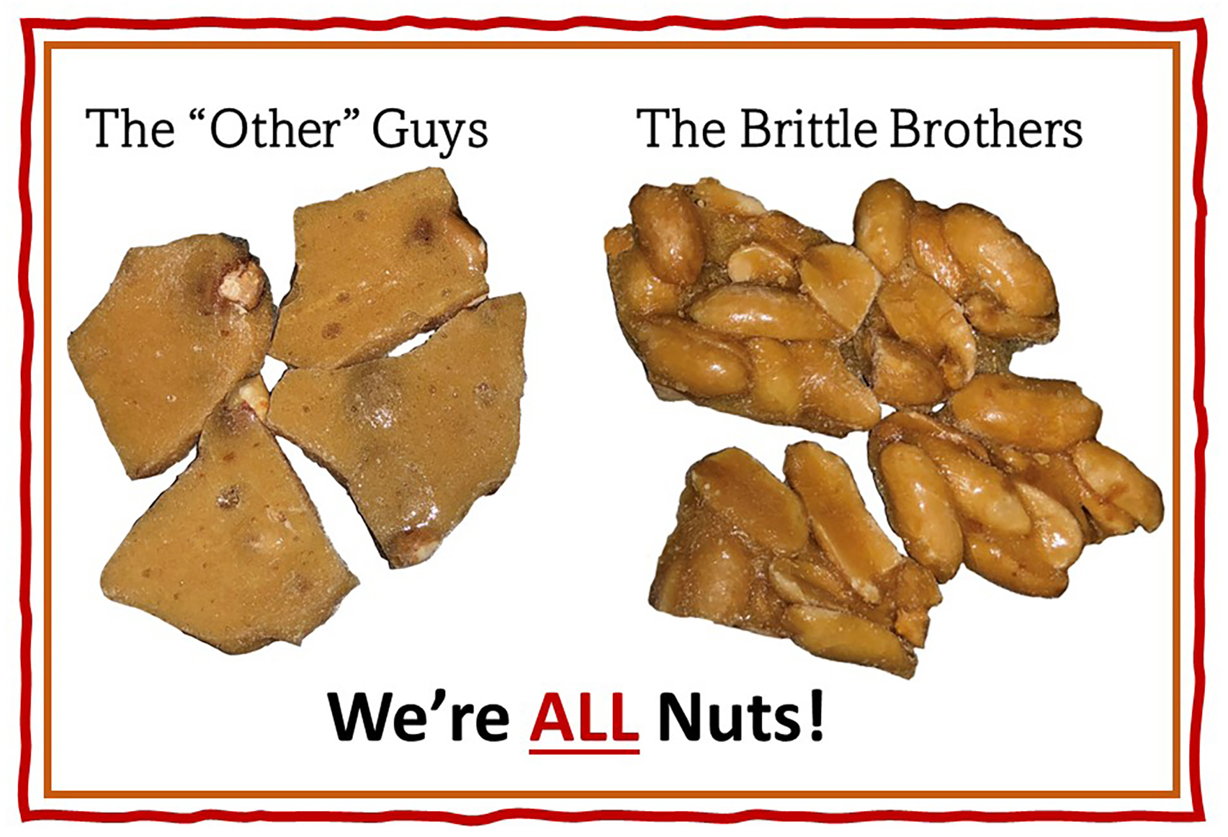 Two groups of nuts labeled 'The Other Guys' and 'The Brittle Brothers' with text 'We're ALL Nuts!' below, on a white background.