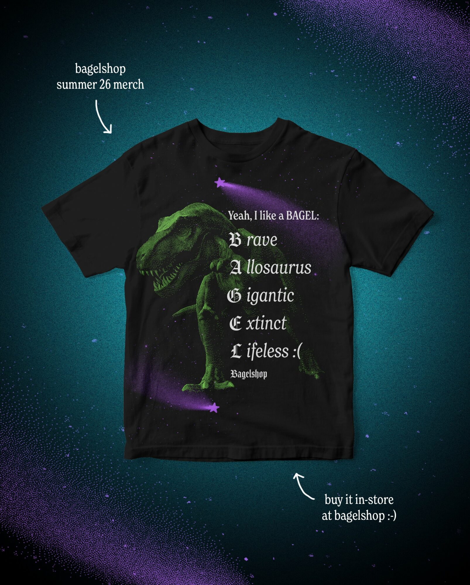 Black T-shirt with dinosaur graphics and text about a bagel, displayed against a starry background. Includes shopping info.