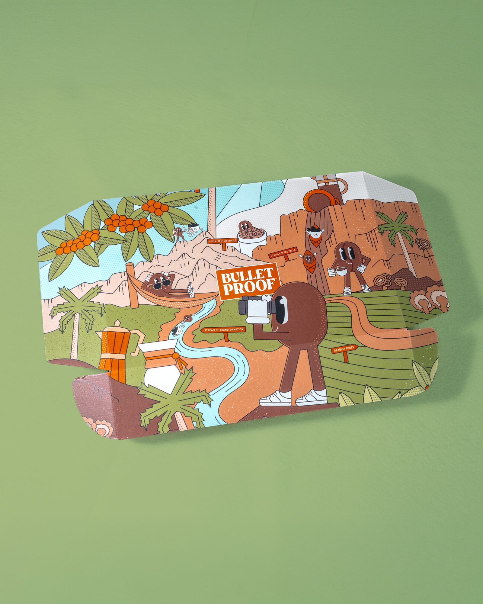 Colorful illustration of a landscape with trees, river, and animals, featuring a central character holding a sign that says 'Bullet Proof'.