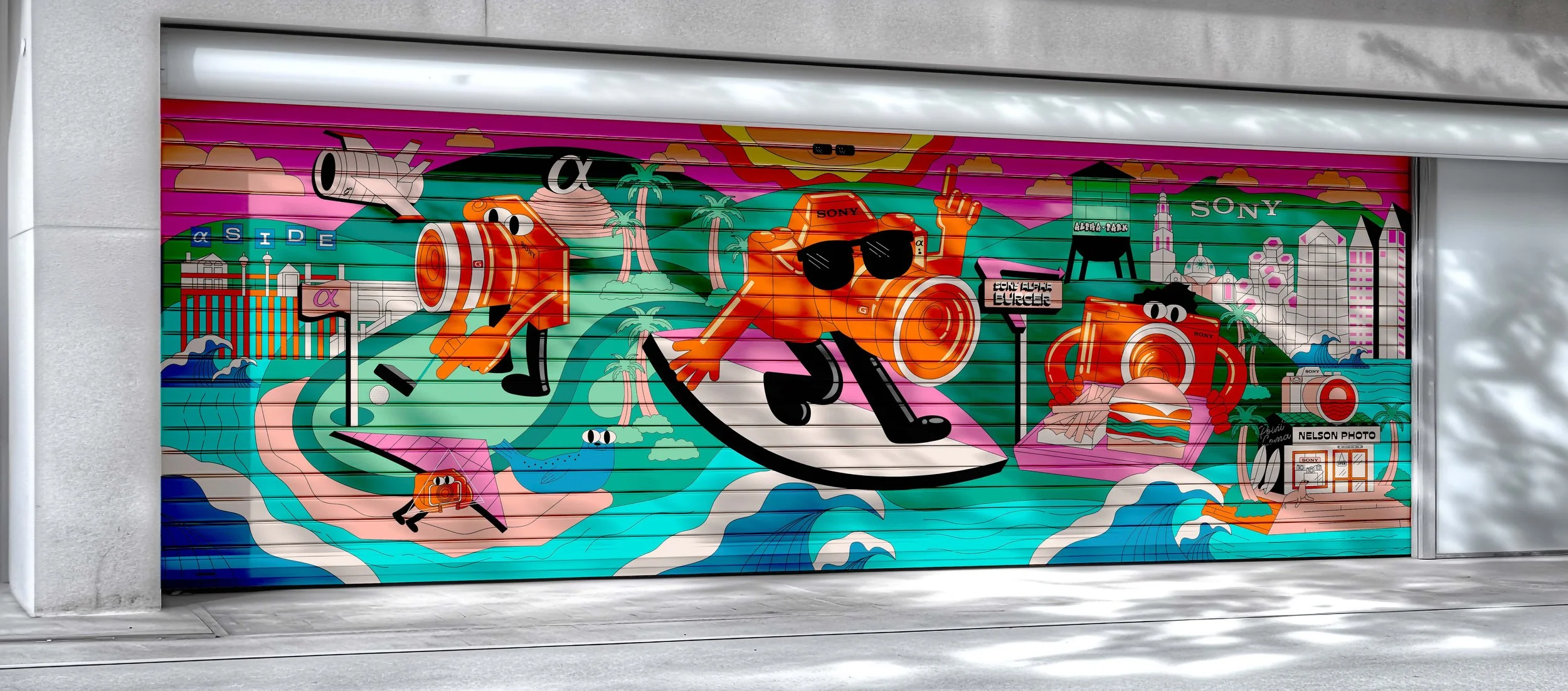 Colorful graffiti mural with cartoonish characters on a wall, including a fish, a boat, and abstract shapes.