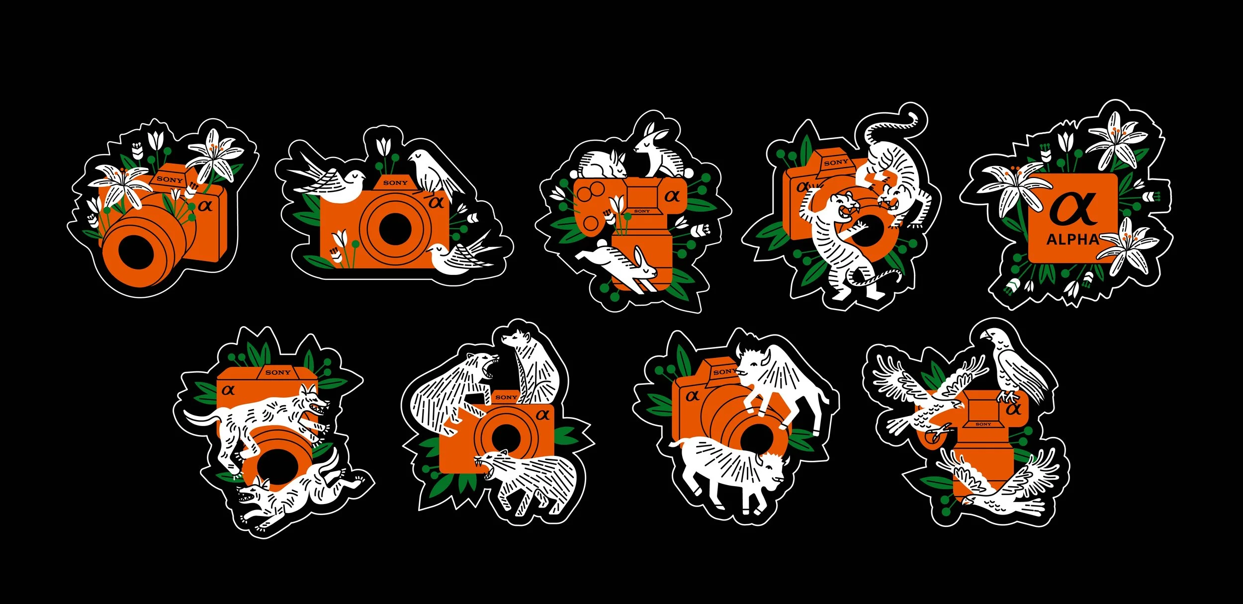 Collection of ten stickers with orange cameras, flowers, and a tiger, all with black backgrounds and white outlines.