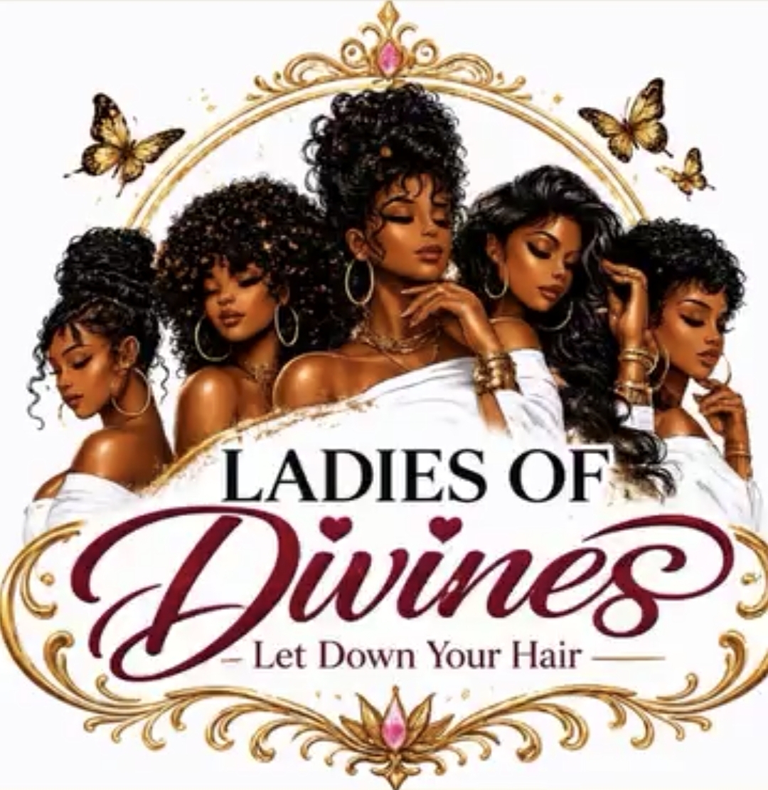 Group of five women with different hairstyles, surrounded by butterflies and decorative gold elements, with text about ladies of divines.