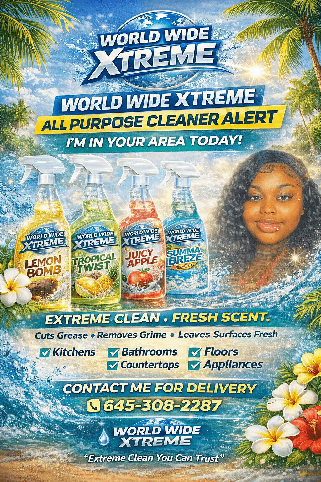 Bright tropical background with palm trees, flowers, and a woman smiling, advertising all-purpose cleaner products and delivery contact info.